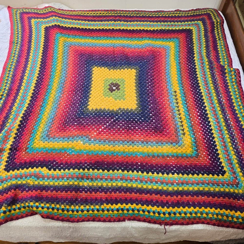 Handmade Granny Square Crochet Blanket Rainbow Boho Cozy 50x50" FLAWS